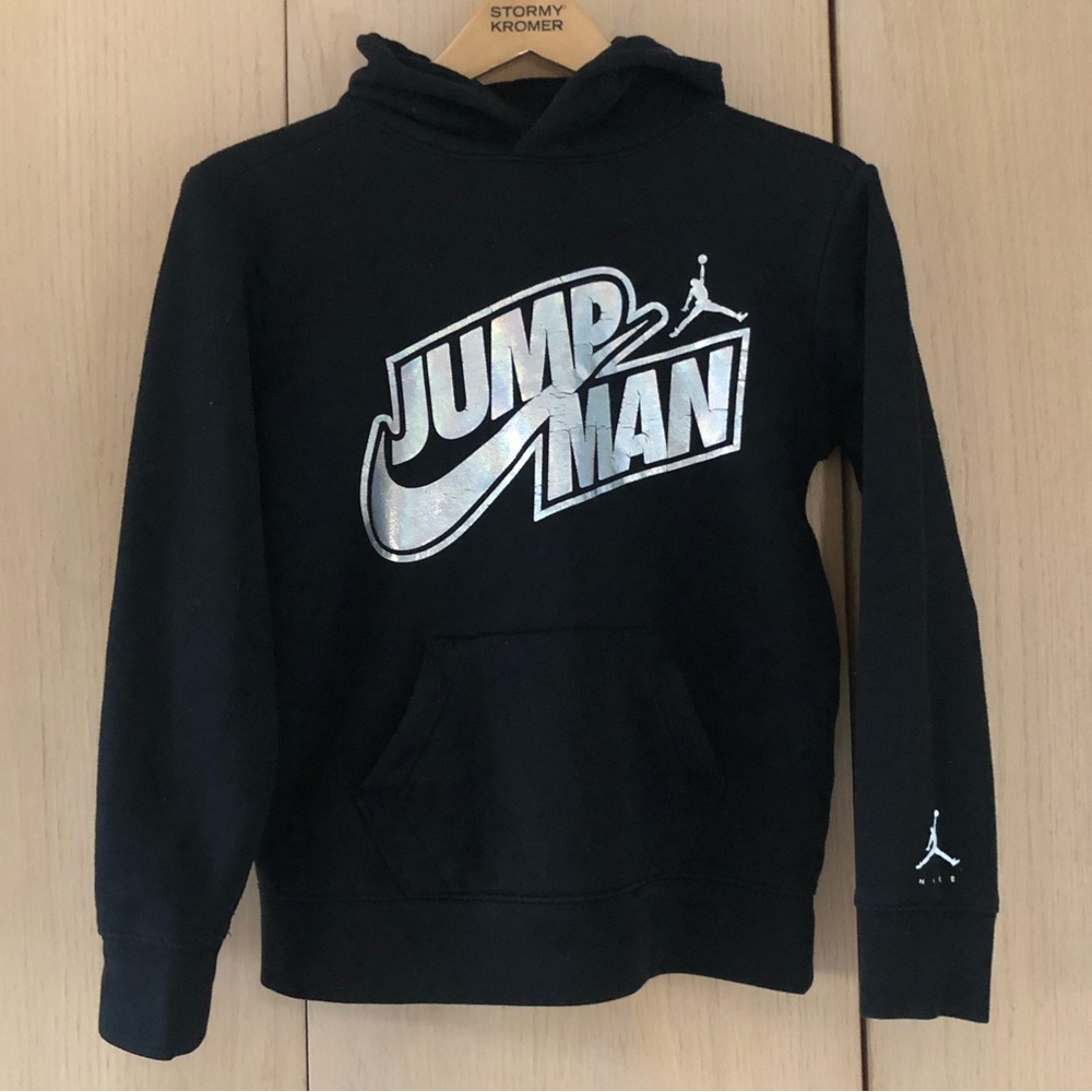 Jordan Jumpman + Nike Iridescent Logo Black Pullover Hoodie Big Boys L 12-13 Yrs - Picture 1 of 10